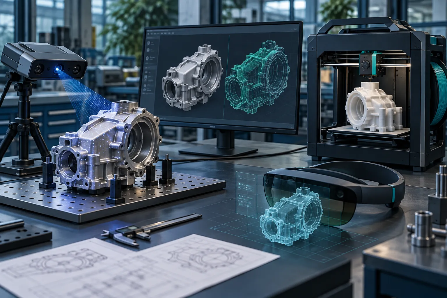 3D tarama, tersine mühendislik, FDM baskı ve XR akışını aynı mekanik parça üzerinden anlatan konsept çalışma alanı.