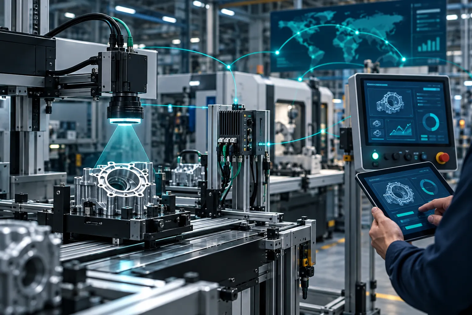 Endüstriyel uygulamalar, görüntü işleme kamerası ve IoT cihaz bağlantılarını birleştiren konsept üretim sistemi.